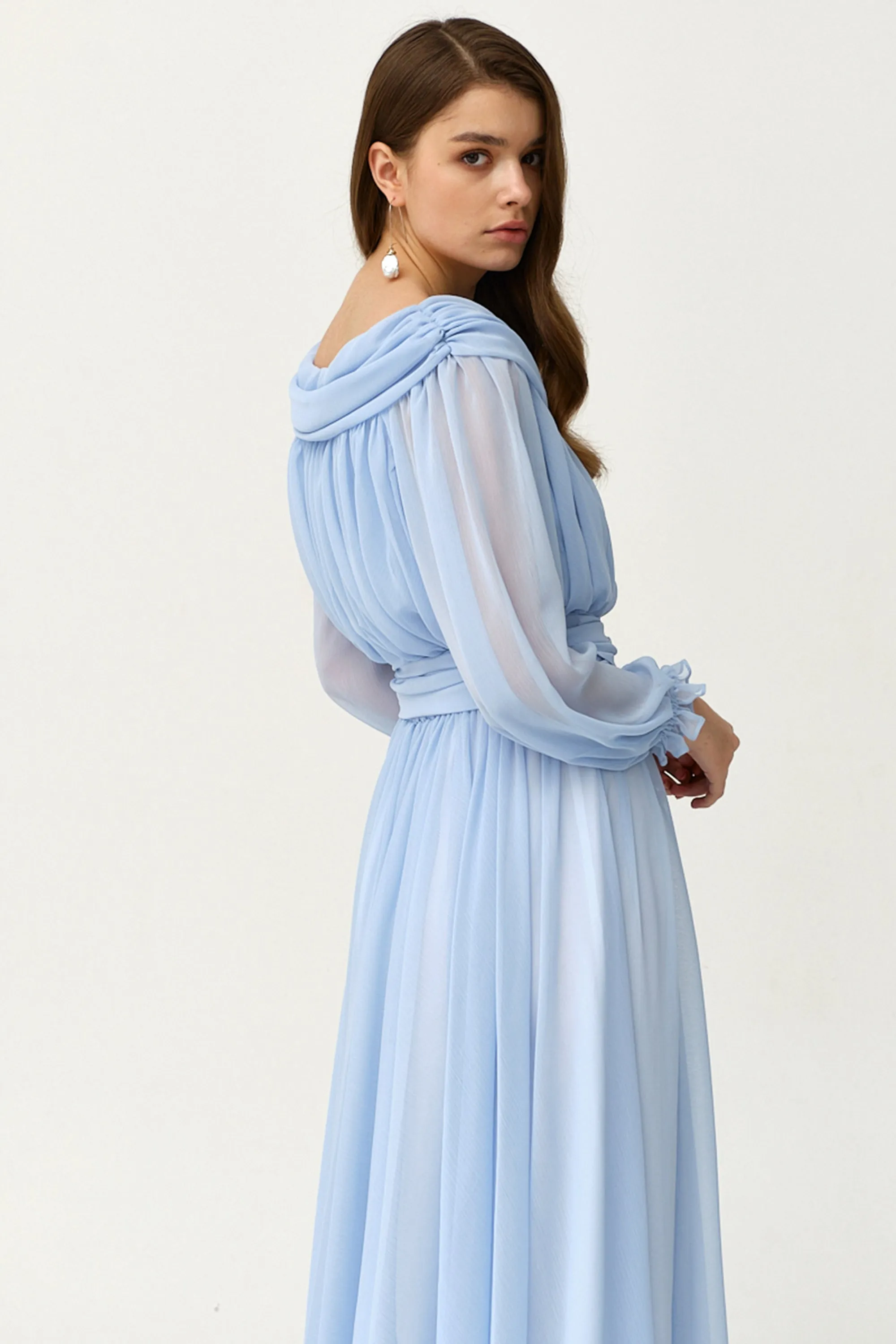 Light Blue Chiffon Long Fancy Pleated Kaftan - NW-NO.4