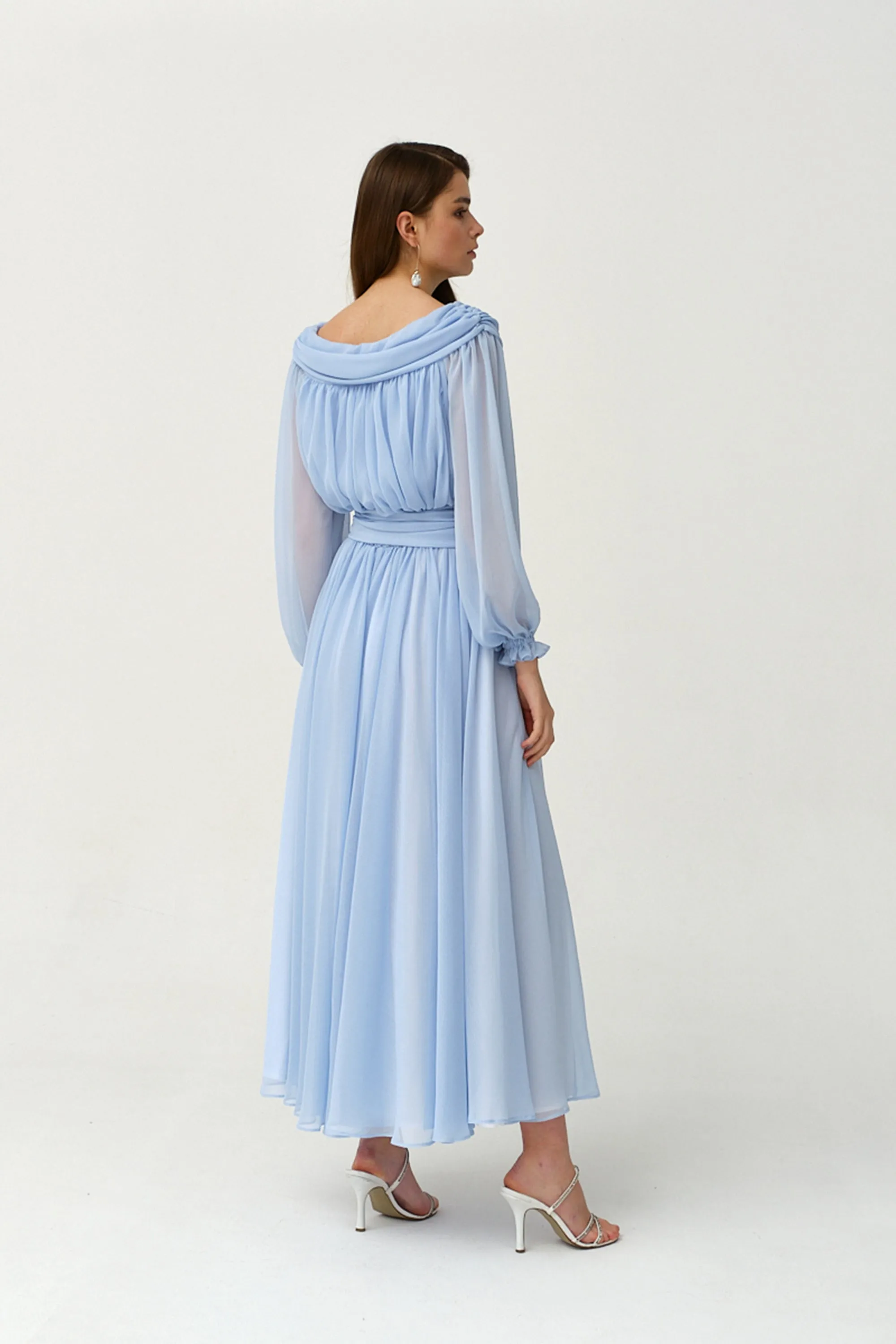 Light Blue Chiffon Long Fancy Pleated Kaftan - NW-NO.4