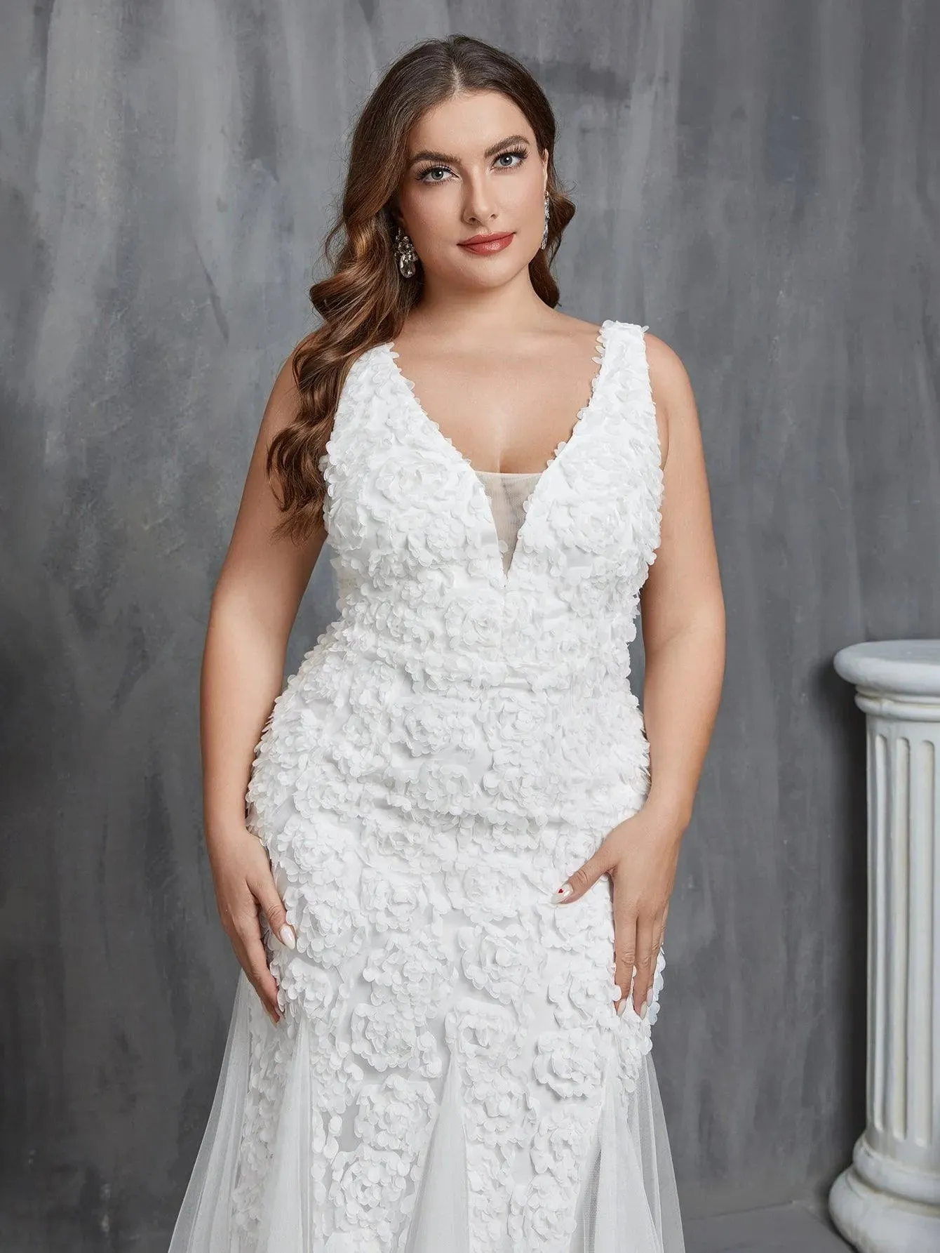 Plus Plunging Neck Mermaid Hem Wedding Dress