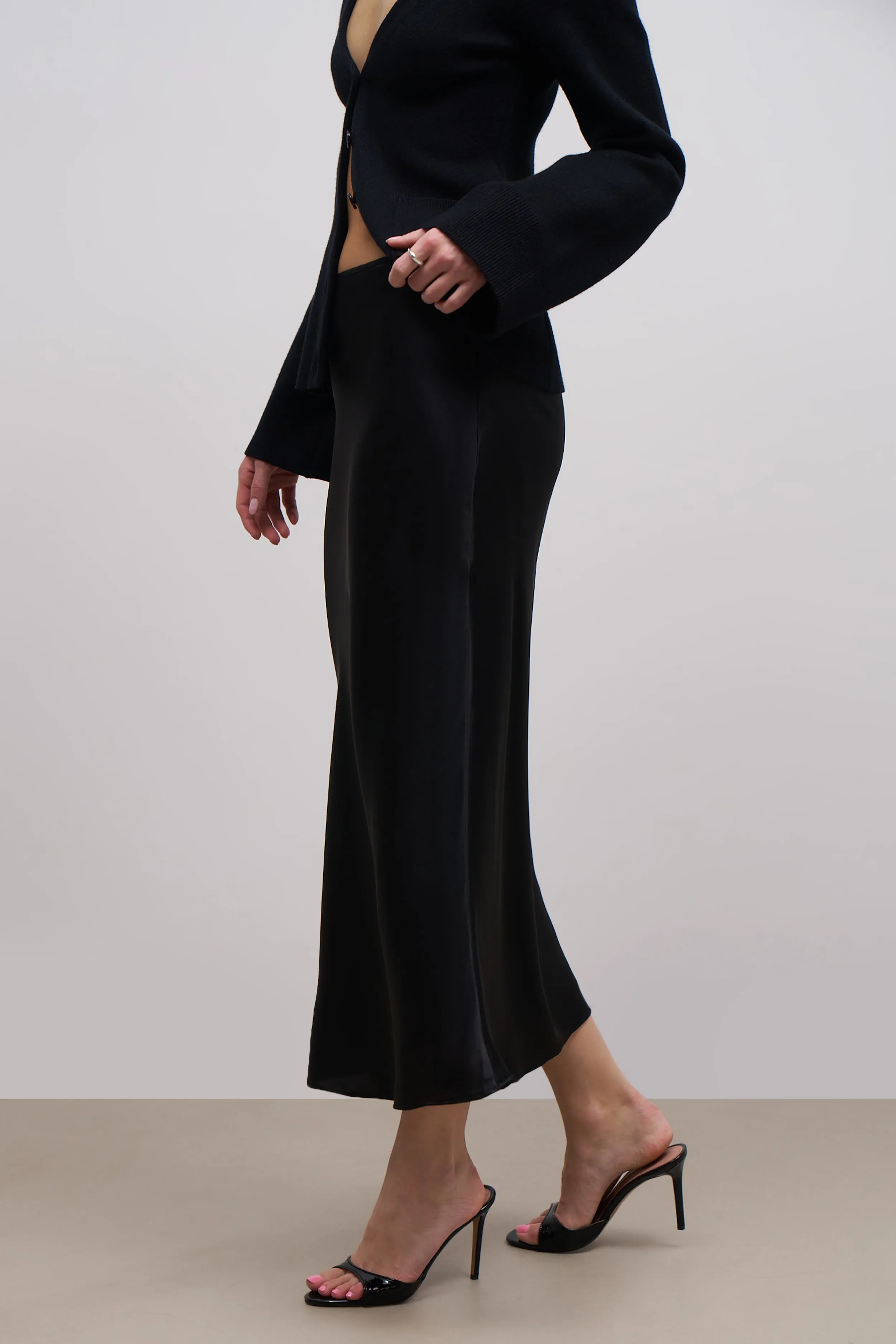 Satin Slip Midi Skirt - Black