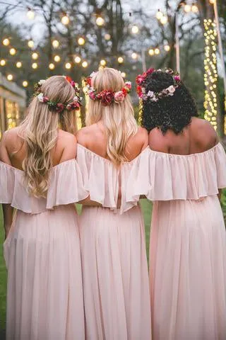 Simple Pink Off the Shoulder Pink Ruffles Long Bridesmaid SWK13930