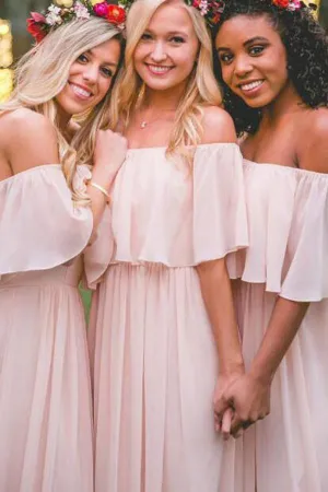 Simple Pink Off the Shoulder Pink Ruffles Long Bridesmaid SWK13930