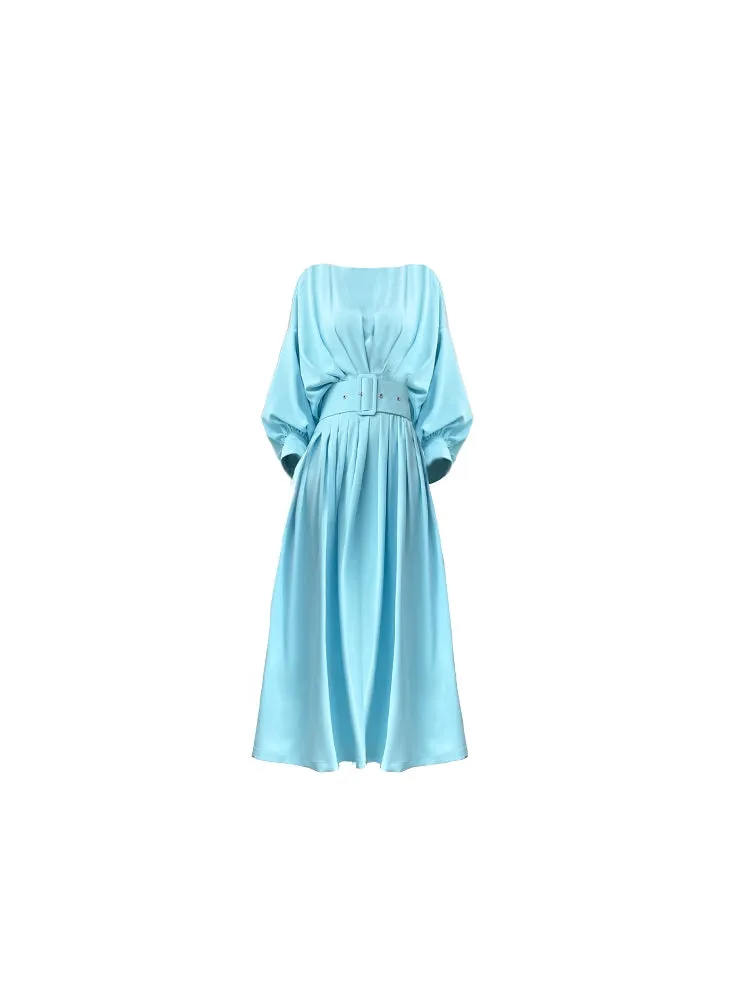 Summer ice blue pleated waist lantern bat sleeve elegant dress - Vios
