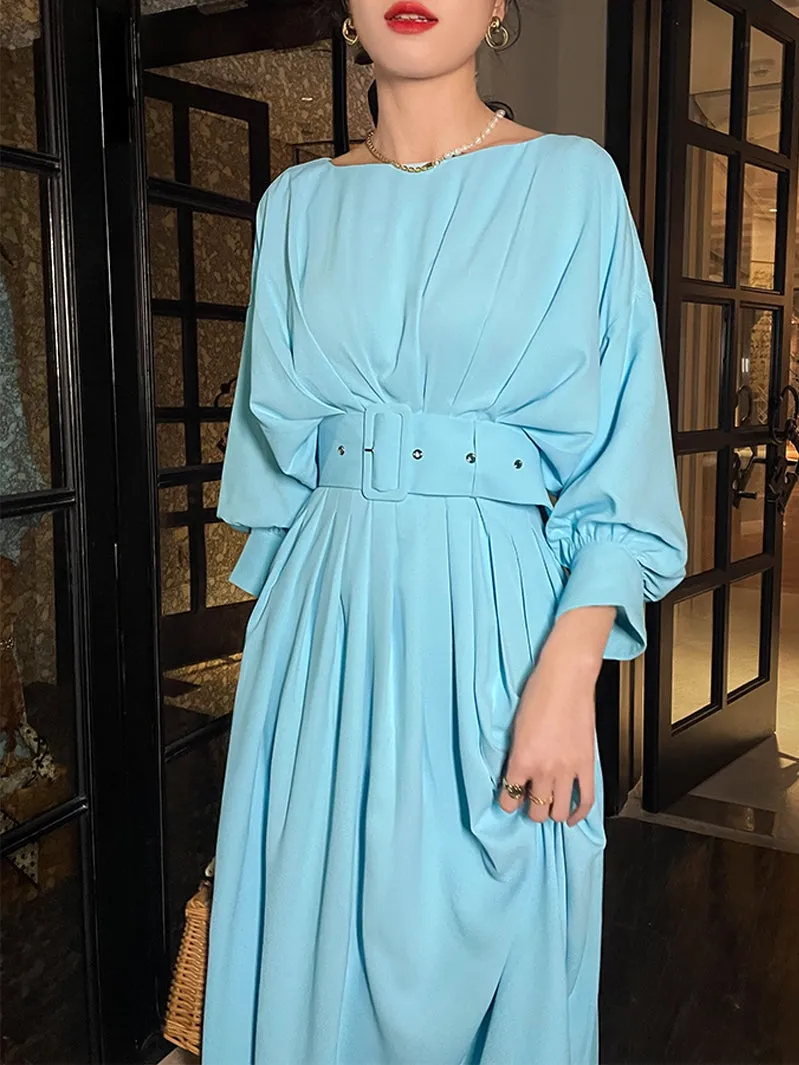 Summer ice blue pleated waist lantern bat sleeve elegant dress - Vios