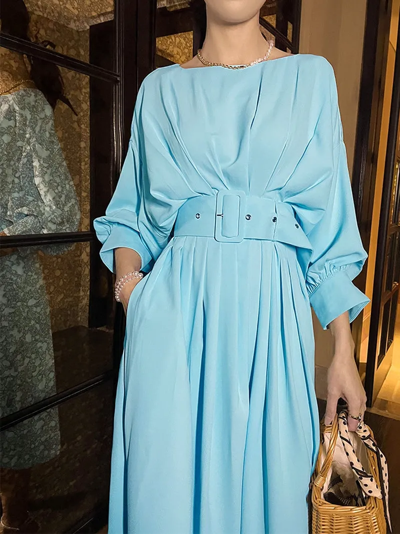 Summer ice blue pleated waist lantern bat sleeve elegant dress - Vios