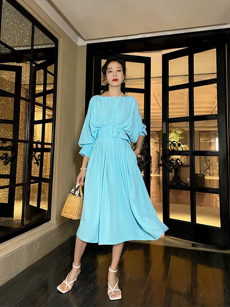 Summer ice blue pleated waist lantern bat sleeve elegant dress - Vios