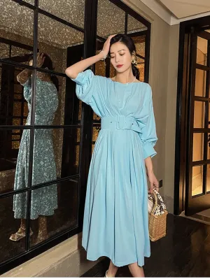 Summer ice blue pleated waist lantern bat sleeve elegant dress - Vios