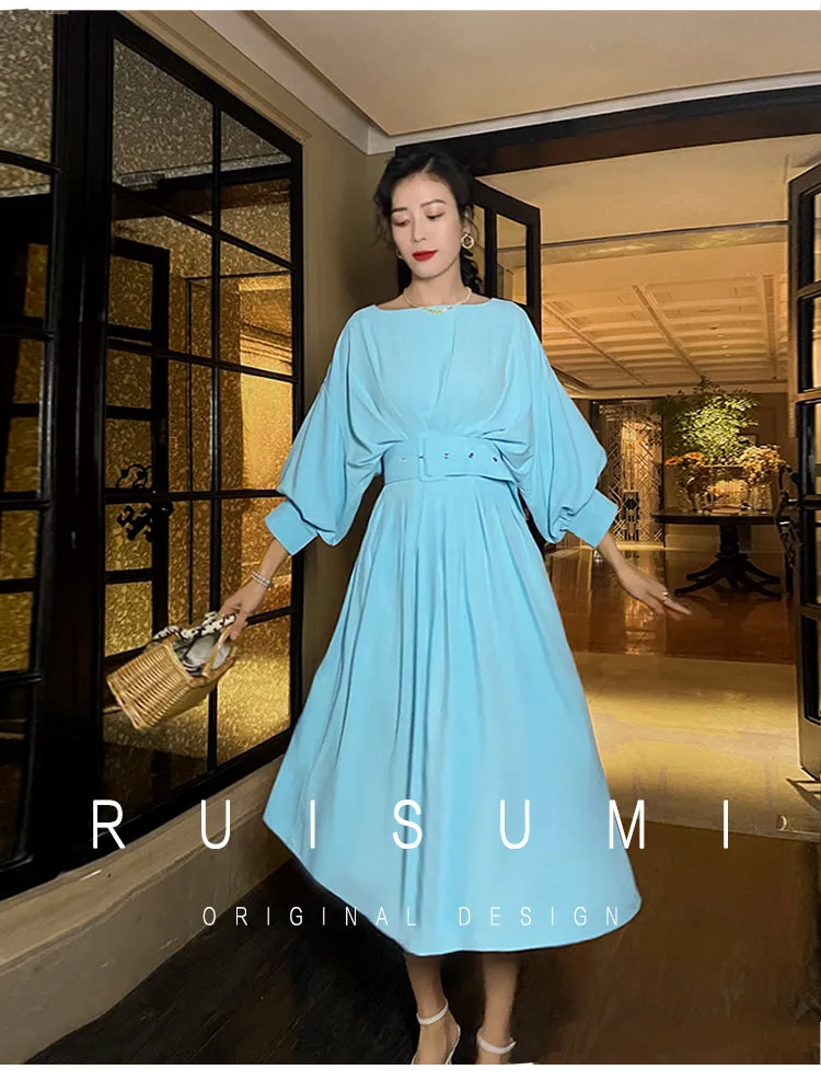 Summer ice blue pleated waist lantern bat sleeve elegant dress - Vios