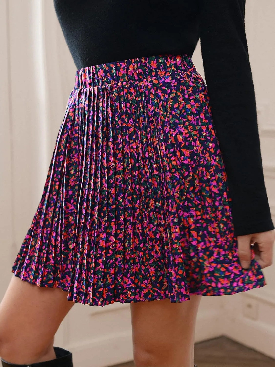 SweatyRocks Women's High Waist Mini Pleated Skater Skirt Flared A-Line Floral Short Skirt