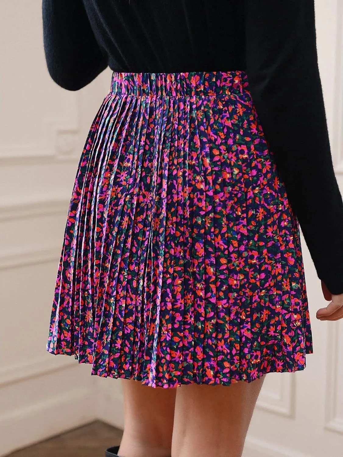 SweatyRocks Women's High Waist Mini Pleated Skater Skirt Flared A-Line Floral Short Skirt