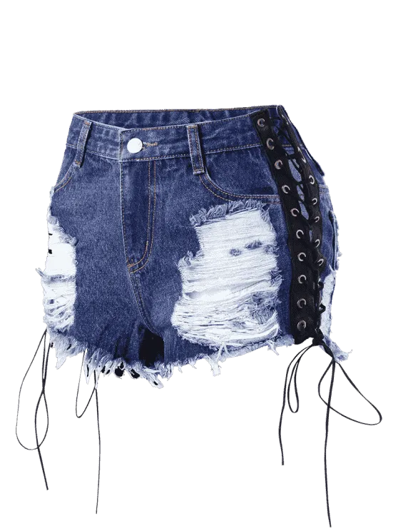 TastyHottie - Trendy Lace Up Frayed Distressed Denim Shorts