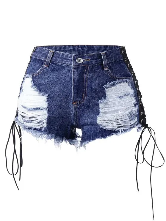TastyHottie - Trendy Lace Up Frayed Distressed Denim Shorts