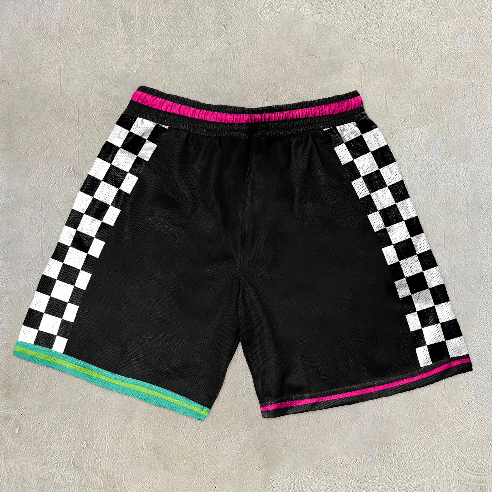 Trendy printed plaid mesh colorblock shorts