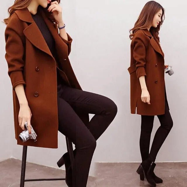 Women Wool Blend Warm Long Coat Female Slim Fit Lapel Woolen