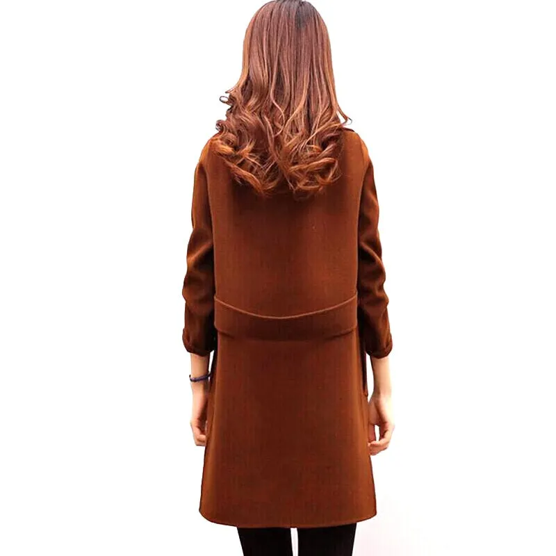 Women Wool Blend Warm Long Coat Female Slim Fit Lapel Woolen