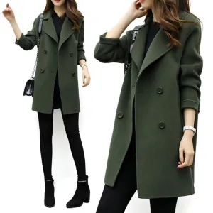 Women Wool Blend Warm Long Coat Female Slim Fit Lapel Woolen