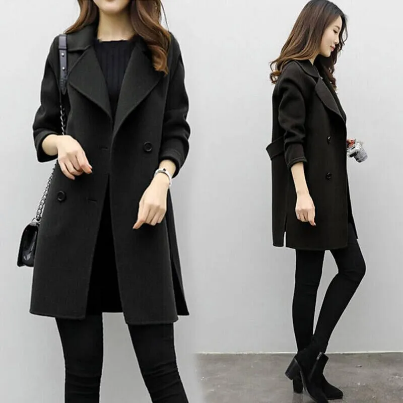 Women Wool Blend Warm Long Coat Female Slim Fit Lapel Woolen