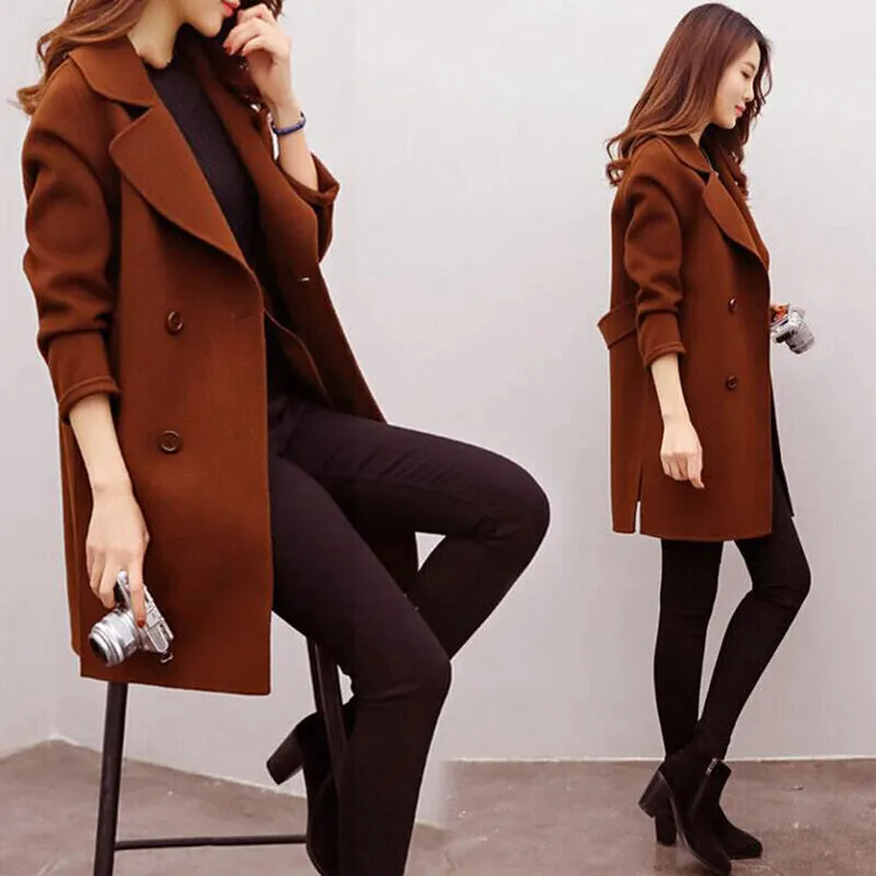 Women Wool Blend Warm Long Coat Female Slim Fit Lapel Woolen
