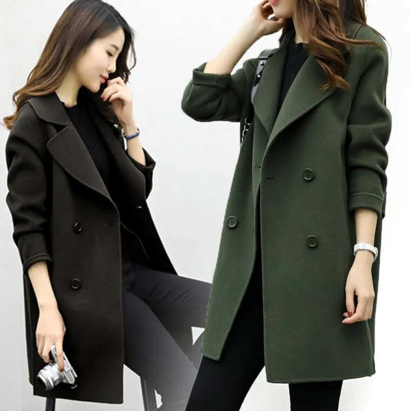 Women Wool Blend Warm Long Coat Female Slim Fit Lapel Woolen