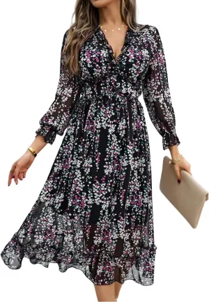 Women's Chiffon Floral Dress V Neck Midi Ruffle Long Sleeve A Line Casual
