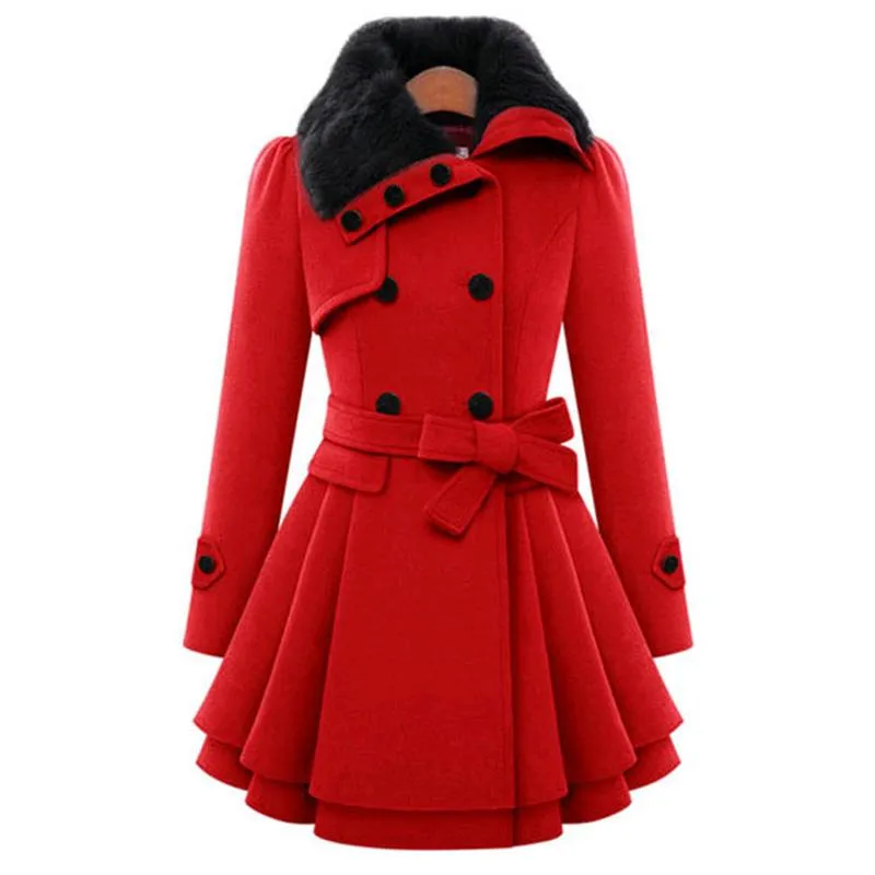 Women's double-breasted coat dress belted swing coat with fur collar