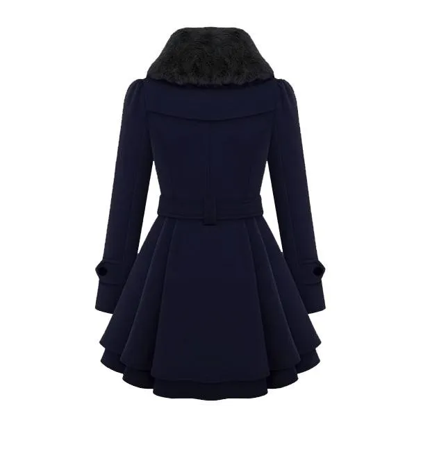 Women's double-breasted coat dress belted swing coat with fur collar