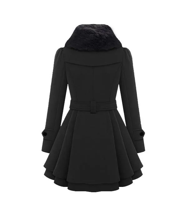 Women's double-breasted coat dress belted swing coat with fur collar