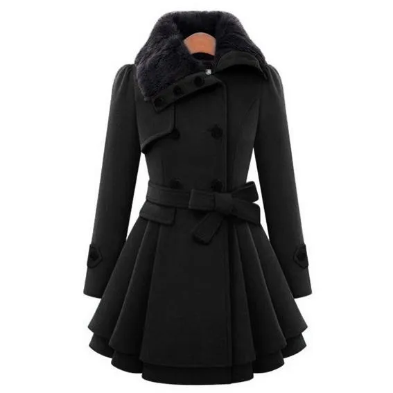 Women's double-breasted coat dress belted swing coat with fur collar