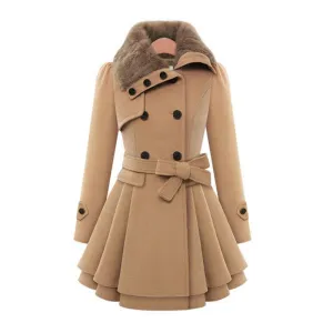 Women's double-breasted coat dress belted swing coat with fur collar
