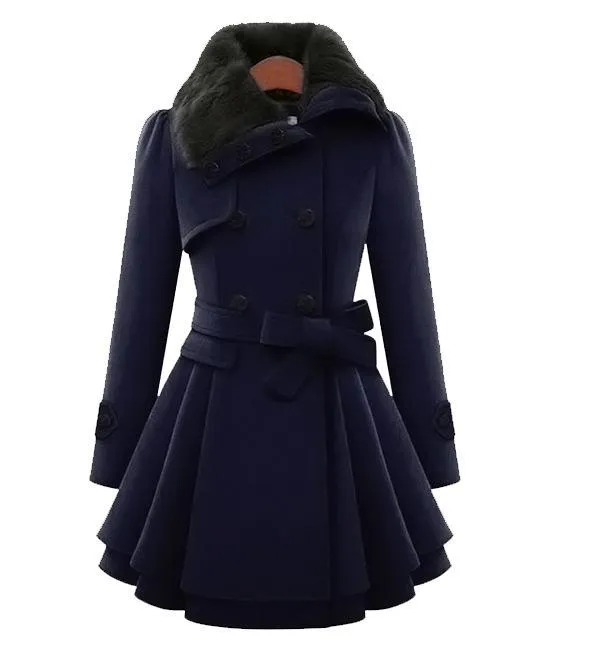 Women's double-breasted coat dress belted swing coat with fur collar