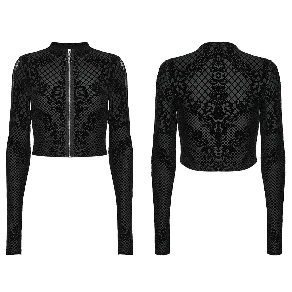 Women's Gothic Zipper Flocking Mesh Jacket