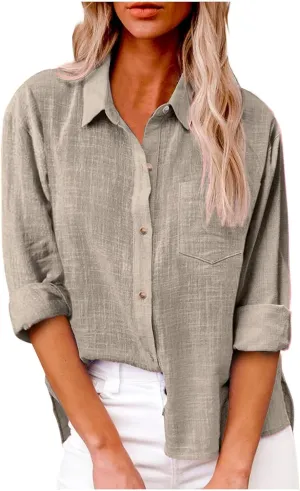 Women's Linen Shirt 2024 Fall Casual Loose Long Sleeve V Neck Blouses Cotton Linen Going Out Vintage Long Sleeve