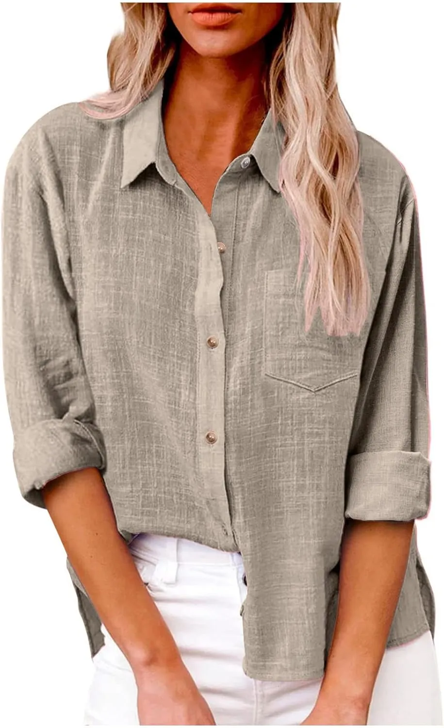 Women's Linen Shirt 2024 Fall Casual Loose Long Sleeve V Neck Blouses Cotton Linen Going Out Vintage Long Sleeve